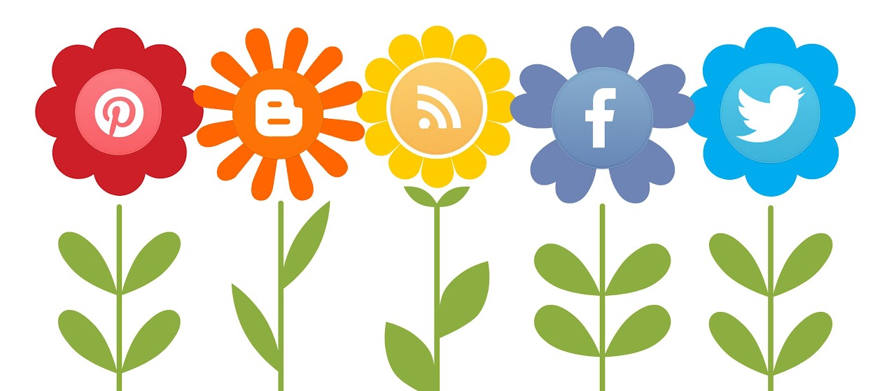 Flower illustrations with social media icons in their centers.