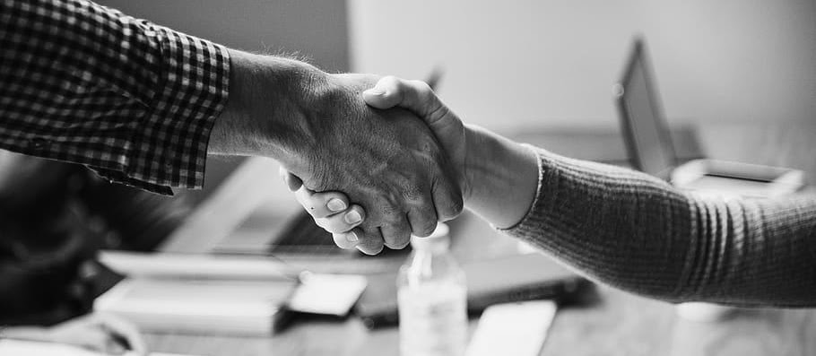 Black and white close-up of two people shaking hands.